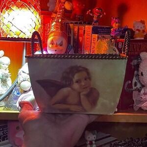 Vintage celestial cherub painted metal basket box angels religious  whimsygoth